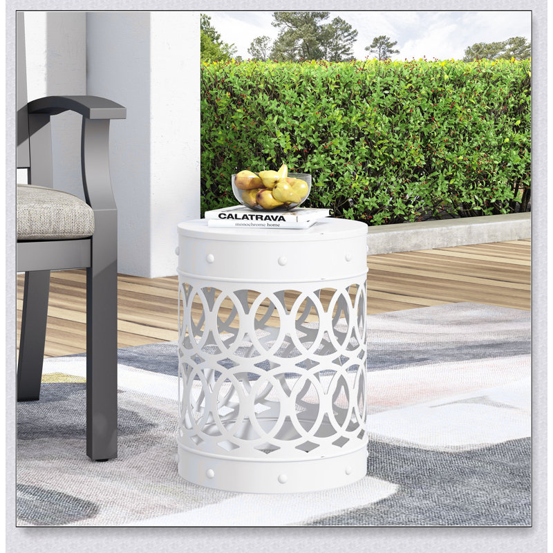 Durable Outdoor Metal End Table With Elegant Iron Cut Design For Modern Spaces, Ready To Use, No Assembly Required., White