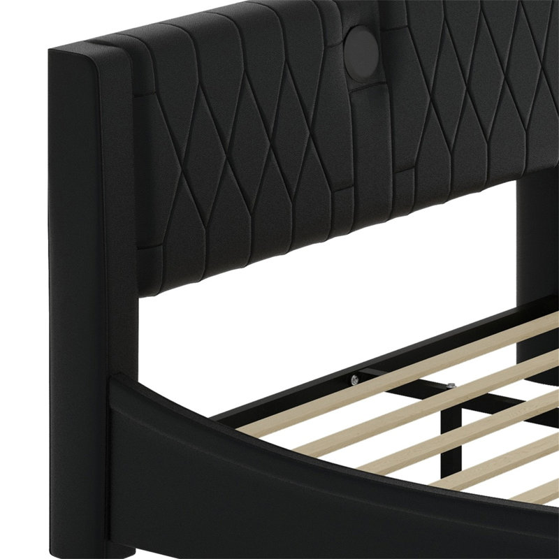 Upholstered Platform Bed With Thickened Headboard, Bluetooth Speakers And RGB LED Light, Black