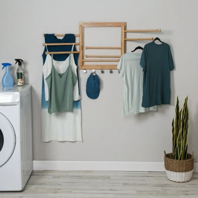 Swivel Bamboo Wall Mount Clothes Drying Rack with 5 Hooks, Natural