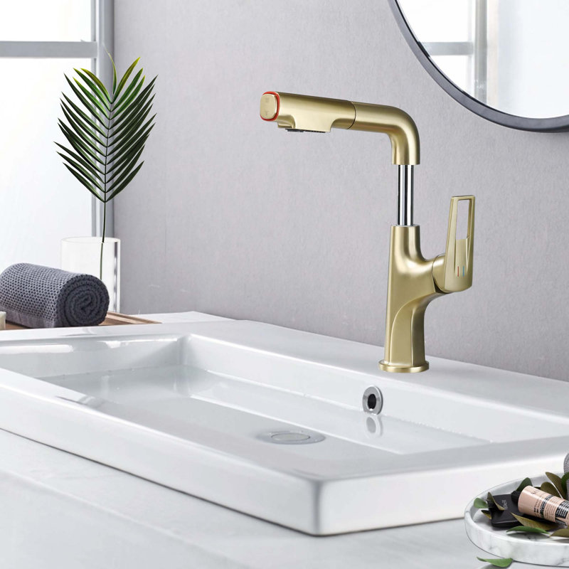 Pull-Down Vessel Faucet - Single Hole Bathroom Sink Faucet with Lift Spout & Dual Spray Modes​, Brushed Gold