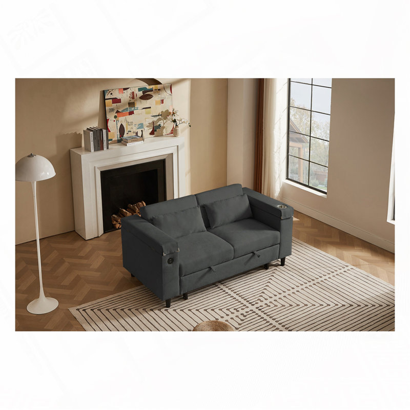 Canapé-lit chenille en tissu avec rangement, port USB, Gris foncé