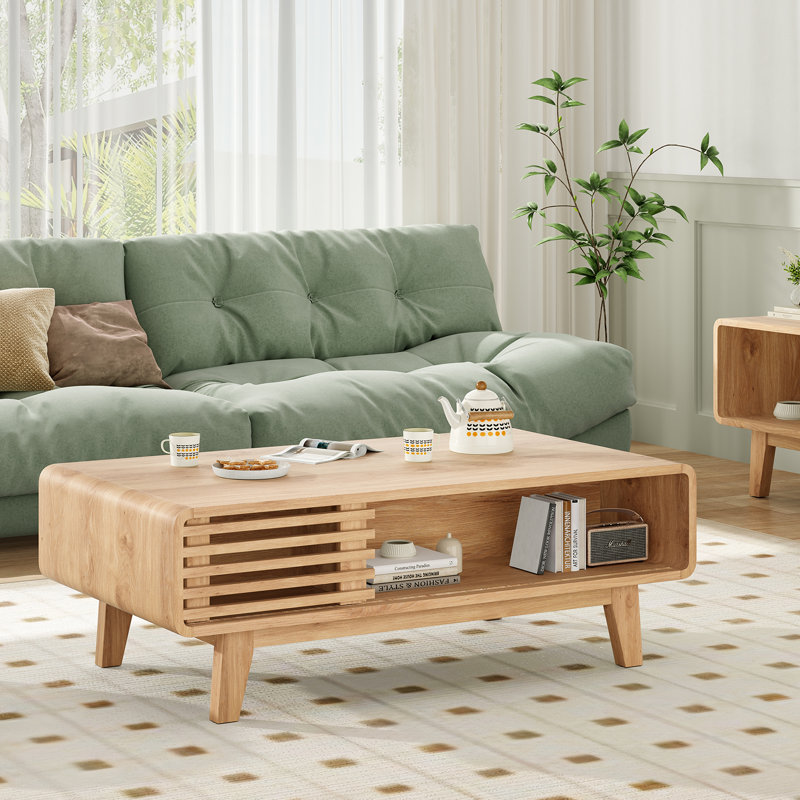 Modern Coffee Table With Storage, 15.7" H x 23.4" L x 43.5" W, Natural Wood