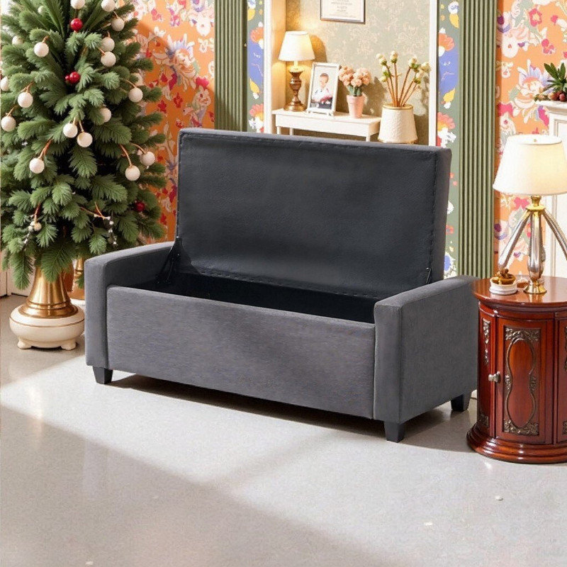 48" Faux Linen Upholstered Storage Ottoman Bench With Arms, Gray