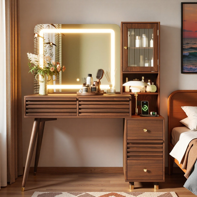 Bureau de maquillage avec miroir et lumières, 5 tiroirs, armoire de rangement en verre cannelé et prise de courant, Espresso