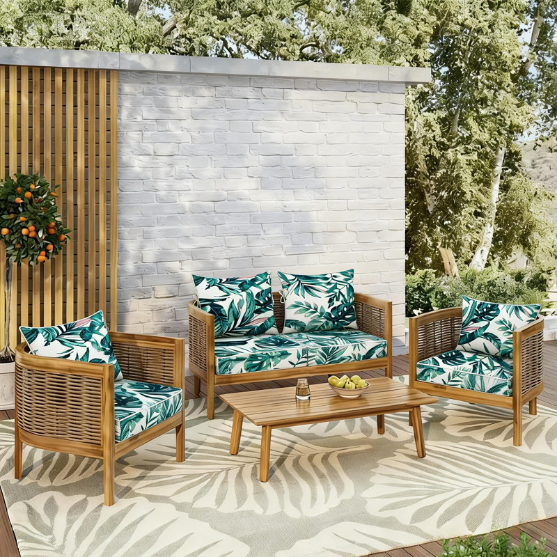 28.5 x 28.5 In Patio Furniture Cushions set of 4, Fade Resistant Outdoor Seat Cushions with 4 pairs of Ties, Deep Seat Cushion for Seat Patio Chairs, Rattan Furniture, Wicker Seating, outdoor Adirondack Chair,Green Leaves