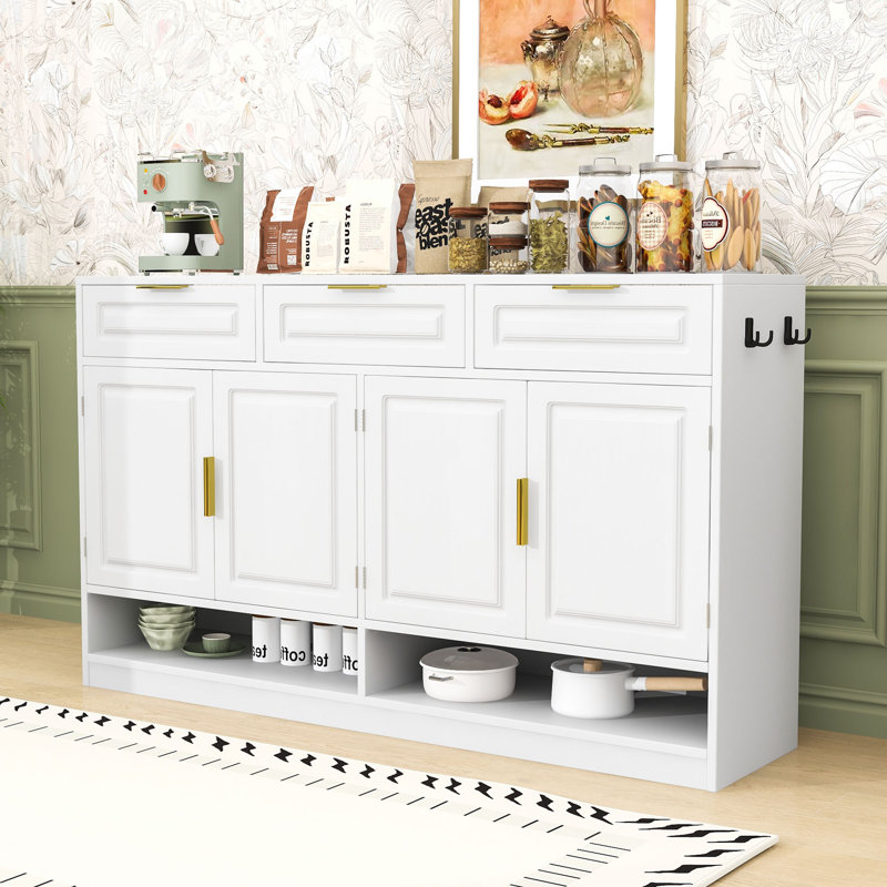 Farmhouse Sideboard with 3 Drawers, Adjustable Shelves and Open Storage, White