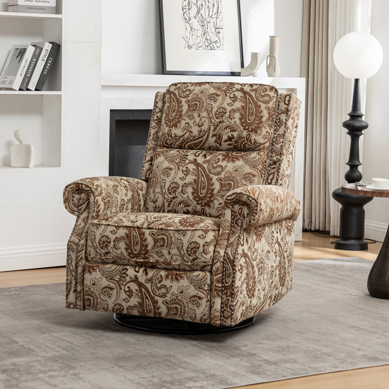 33" Wide Manual Upholstered Swivel Rocker Recliner, White/Dark Brown