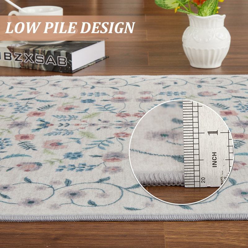 Washable Floral Area Rug - Thin Low Pile Carpet for Living Room, Dining Room, Bedroom, Office - Runner Style, Beige - Durable, Easy Care, Soft Underfoot