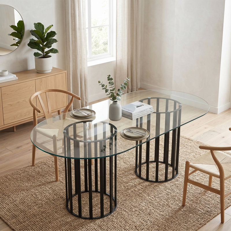 Table de salle à manger ovale en verre trempé de luxe avec base double colonne, Noir