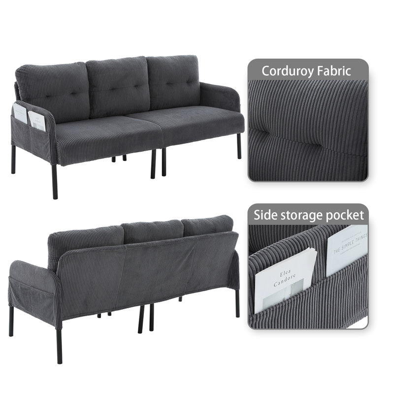 Canapé moderne en velours côtelé avec poches latérales et pieds en métal minimalistes, Gris carbone