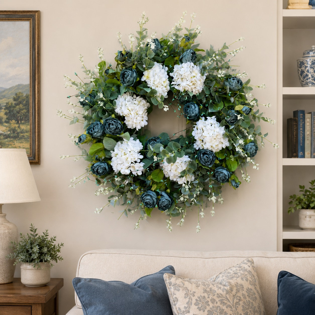 26" Artificial Farmhouse Spring Summer Berries Greenery Eucalyptus Roses Hydrangea Floral Wreath for Front Door Wedding Party Home Decor