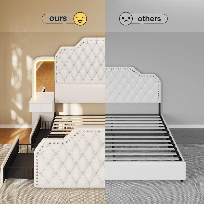  Karlton Platform Bed with Fabric Upholstered Headboard 4 Storage Drawers LED Tall Platform Bed Frame, Queen, White