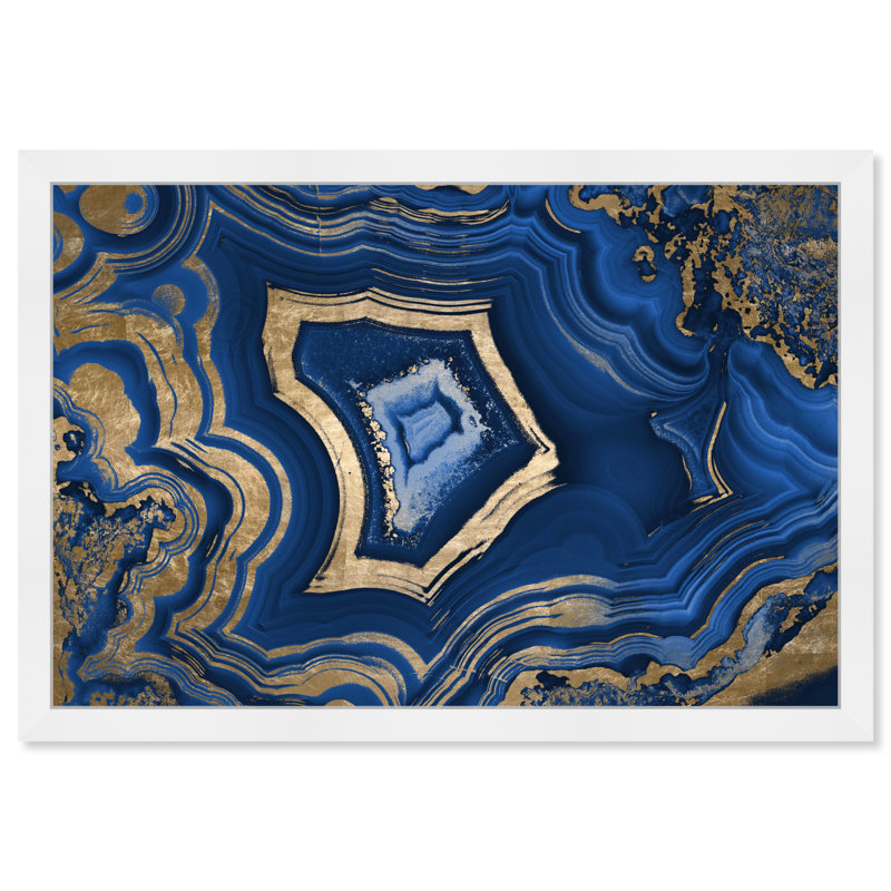 «Blue and Gold Abstract Geode» par Oliver Gal - reproduction, Cadre blanc, H 38 po x l 38 po