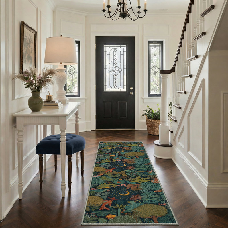 Tropical Jungle Creatures Machine Washable Teal Indoor Area Rug With Non-Slip Backing, Round 5'