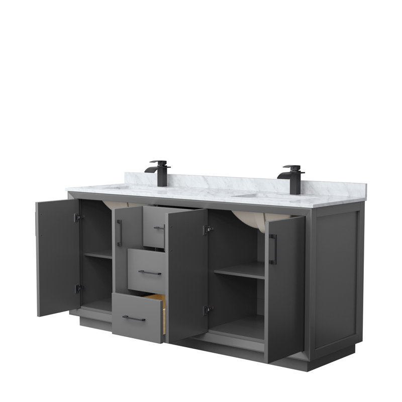 Ensemble de meuble-lavabo double 72 po Strada_ Marbre de Carrare blanc, Gris foncé, Noir, noir, noir, noir
