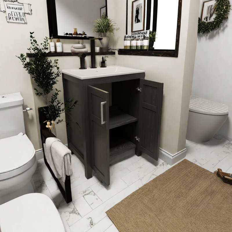 Meuble-lavabo moderne noir avec lavabo en céramique, solution de rangement compacte