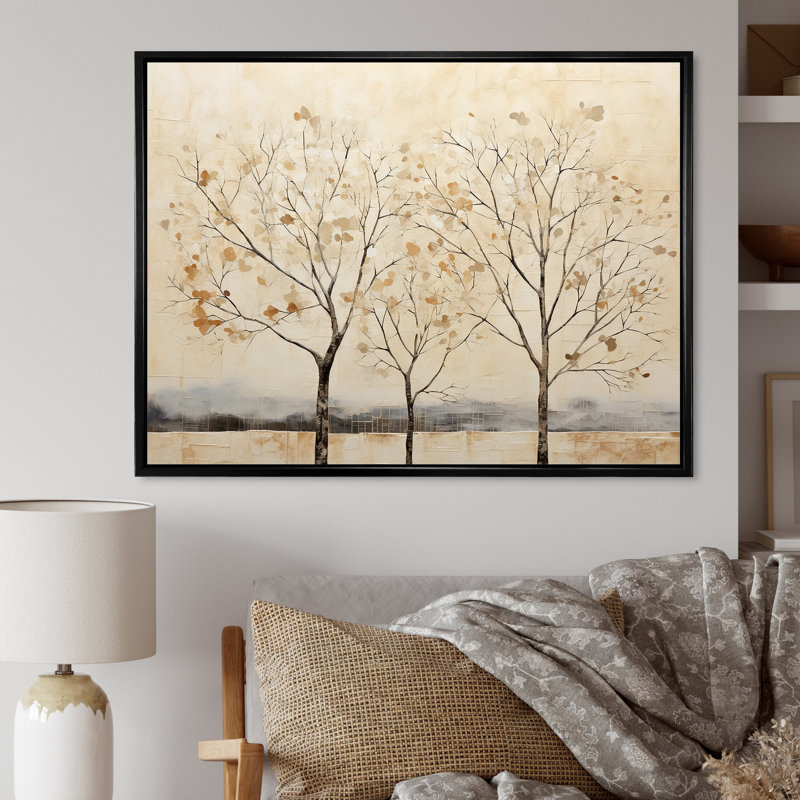 Harmonisation d'arbres beige V sur toile, Cadre flottant noir, H 30 po x l 40 po x P 1,5 po