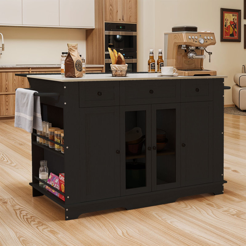 51.2" Large Portable Stainless Steel Top Kitchen Island Kitchen Cabinet Dining Bar with Power Outlet, Drawers and Multifunction Racks