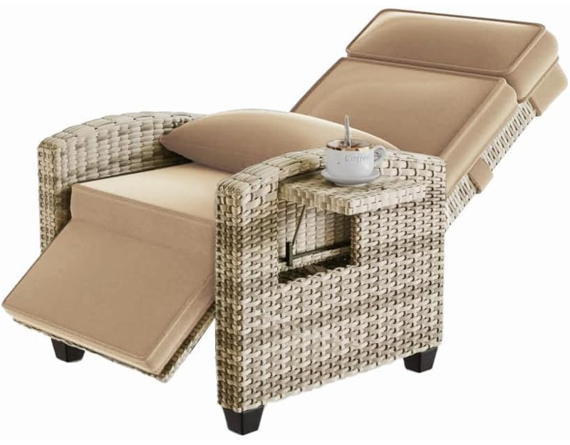 Fauteuil inclinable d'extérieur avec dossier et repose-pieds réglables à 145 °, coussin amovible, table d'appoint rabattable, osier en polyéthylène résistant aux intempéries et structure en acier pour piscine, terrasse et balcon