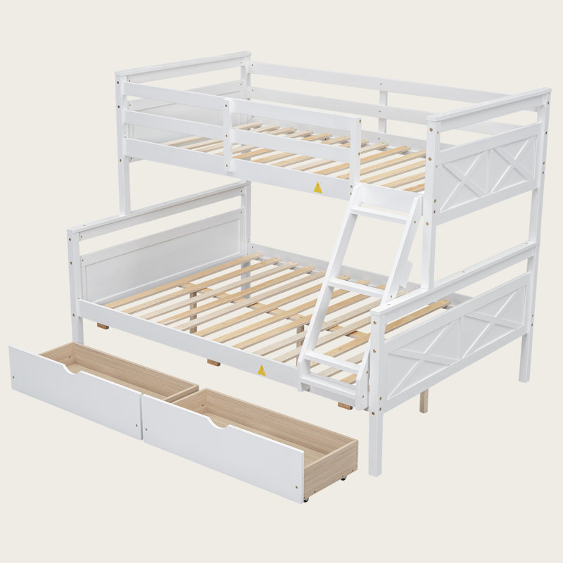 Lit superposé simple au-dessus de double avec échelle et deux tiroirs de rangement, structure convertible en bois massif avec garde-corps