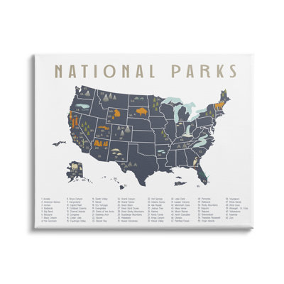 Parc national des États-Unis, carte d'aventure, bleu, gris, maison de campagne surdimensionnée, giclée sur toile, art texturé par Daphne Polselli