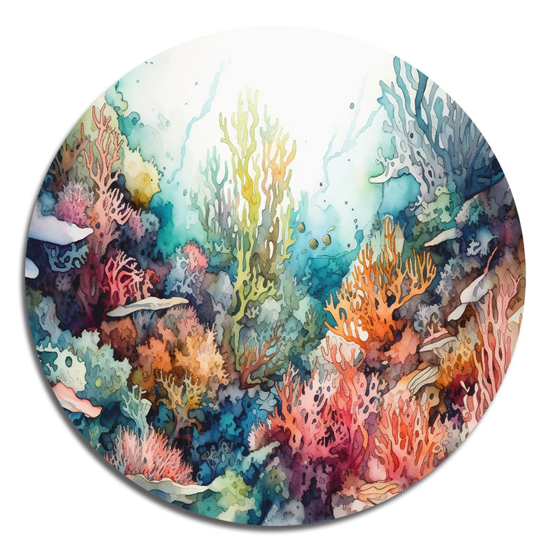«Vibrant Coral Reef III» - paysages d'art rond en métal, H 23 po x l 23 po