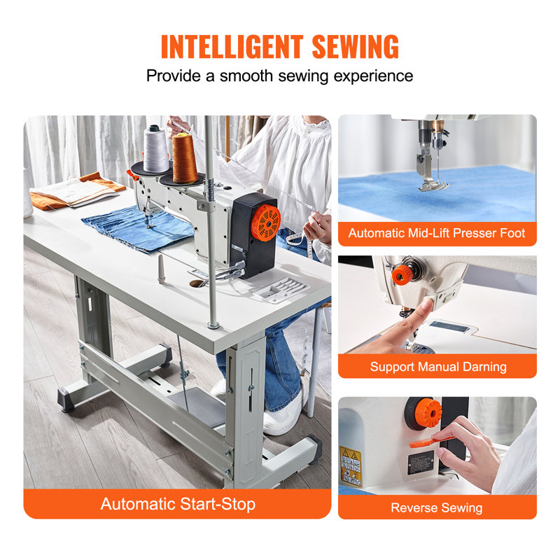 Machine à coudre industrielle, servomoteur de 550 W et support de table, machine à coudre à point noué robuste 5000 points/min, panneau de commande clair et système de démarrage/arrêt intelligent électromécanisé pour une utilisation simplifiée