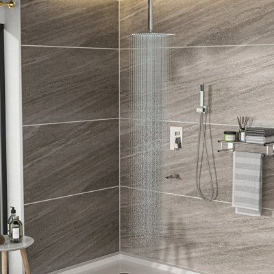 Ceiling Mount Shower System - Brushed Nickel 12 Inch Square With Waterfall Spout 3 Function, Rainfall & Handheld Valve Simple Installation And Cleanup Tub Expeditious Easy Clean
