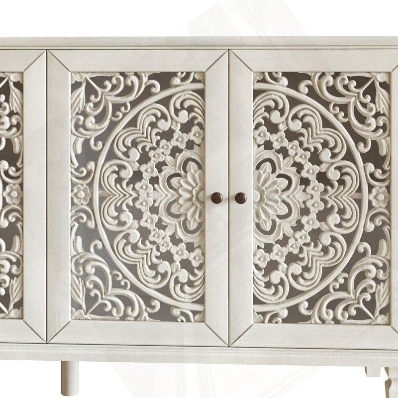 Buffet antique 60 "avec sculptures florales, Blanc antique