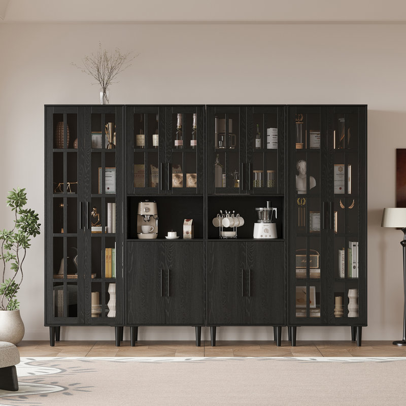 70.9'' H Book Cabinet Storage Bookcase Set, Bookshelf with Glass Door and Large Drawers, Black