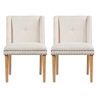 Modern Dining Chairs Set Of 2, Beige Fabric Rubber Wood Rivet Kitchen Home