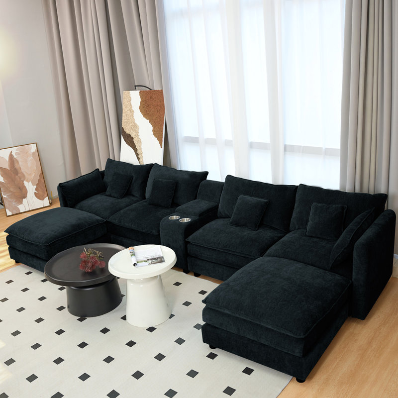 Canapé modulaire en U en forme de U, canapé modulaire avec repose-pieds mobile, canapé modulaire en chenille 6 places avec boîte de rangement et porte-gobelets