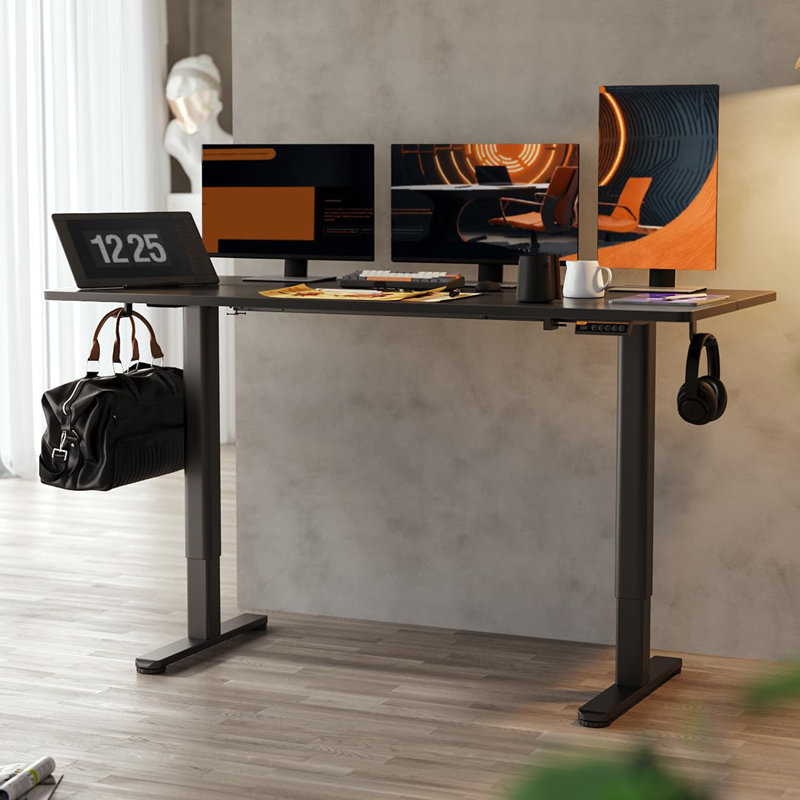 Electric Height Adjustable Standing Desk with Hooks, Black/Black, 46.5" H x 40" W x 24" D