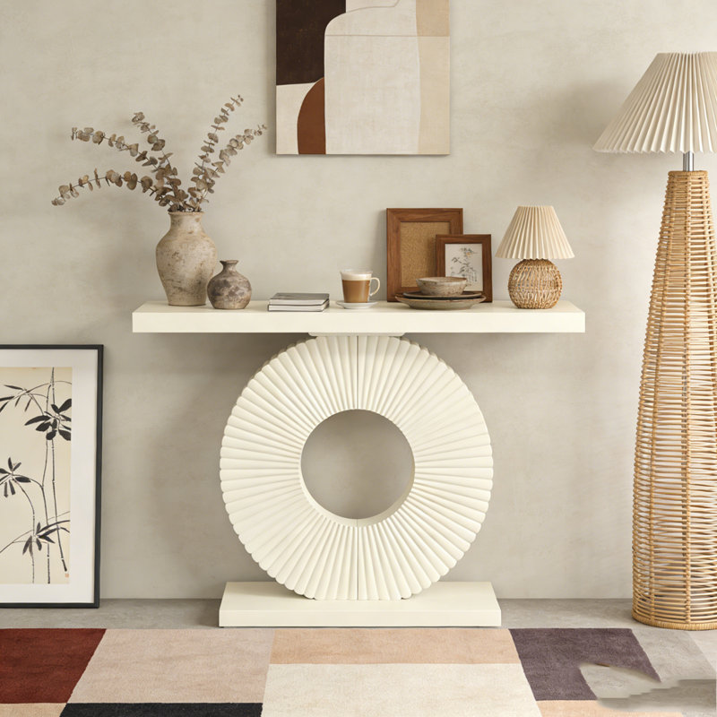 Modern Wood Sofa Table with Geometric Base, White