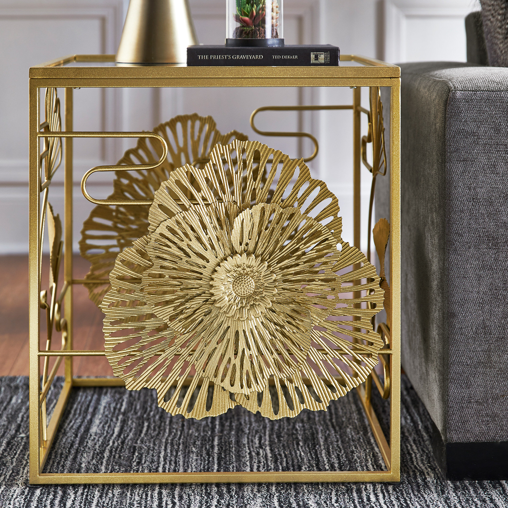 House of Hampton Lenssen Gold Finish Peony And Ginkgo End Table With ...