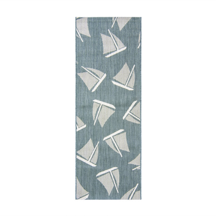 Paseo Bateau Nautical Sailboat Aqua Teal/Gray Flatweave Indoor/Outdoor Area Rug