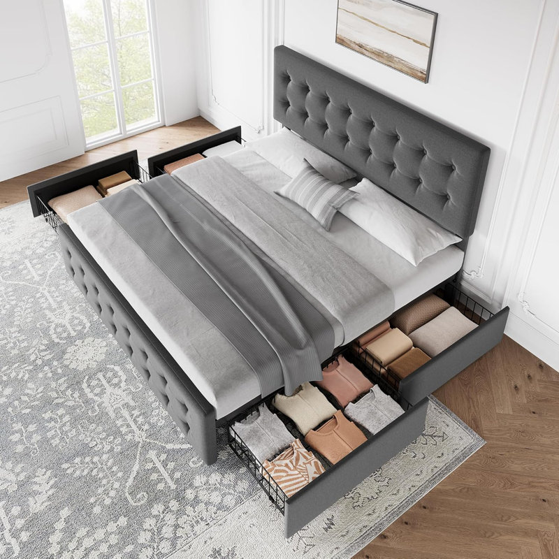 Bed Frame With Headboard And 4 Storage Drawers, Platform Bed Frame Square Stitched Button Tufted, Gray, Full