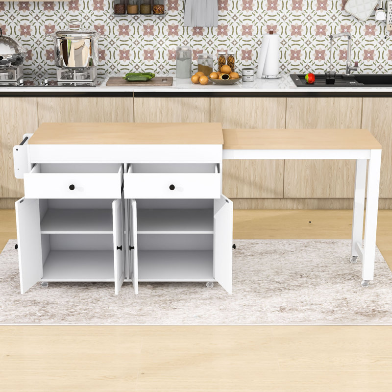 Îlot de cuisine avec table de salle à manger extensible Dosha, étagère à épices et armoire de rangement Dosha, Blanc