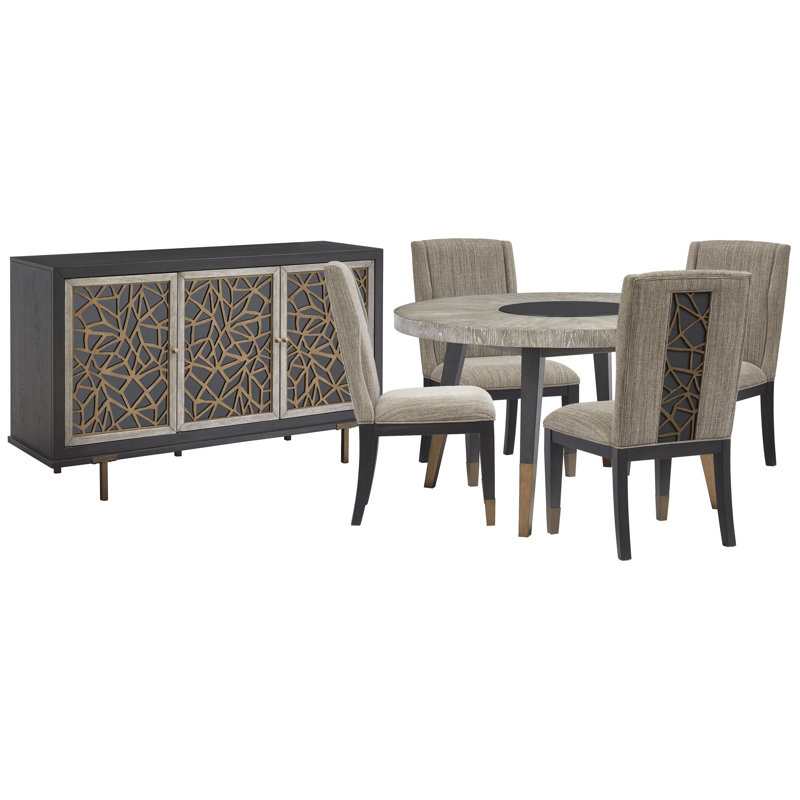 Round Dining Table With 4 Host Chairs And Server, Brown/Beige, Gray, 6 Pieces: Table, 4 Chairs, Sideboard