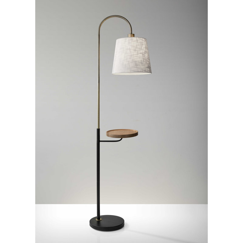 Lampe sur pied en laiton antique et métal noir avec tablette USB en bois