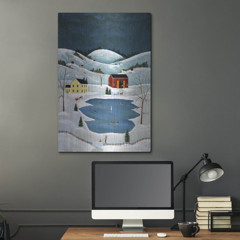 Art mural en métal luxueux «Skating On The Pond» par C Munro, 24 po x 36 po, H 36 po x l 24 po