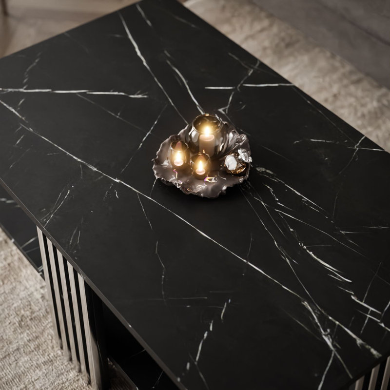 Four Leg Coffee Table with Storage, Silver, Black, Marble
