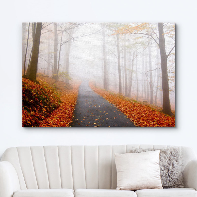 Automne, automne, brouillard, automne, chemin forestier avec feuilles orange sur toile, Toile tendue