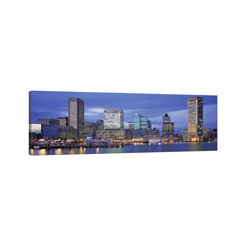Panoramic View Of An Urban Skyline At Twilight, Baltimore, Maryland, USA - Wrapped Canvas Panoramic Print