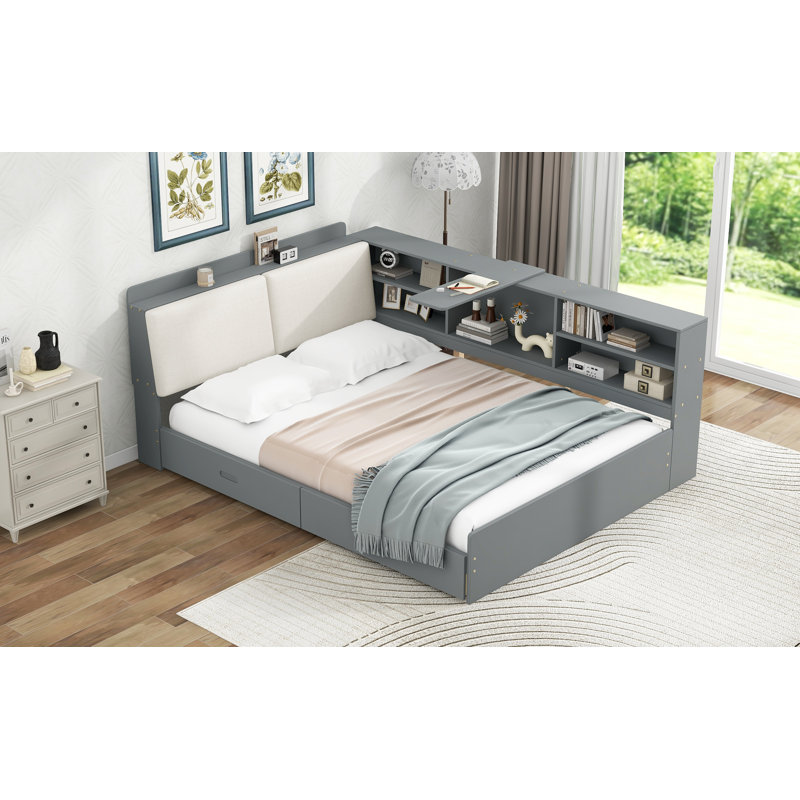 Lit plateforme en bois avec tête de lit, Gris