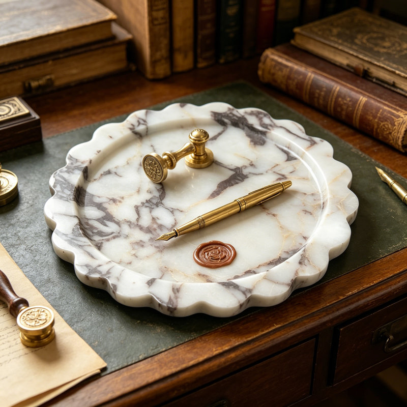 Calacatta Viola Marble Tray With Scalloped Edge, 11 Inch Round Decorative Tray For Coffee Table Centerpiece, Natural Stone Home Decor