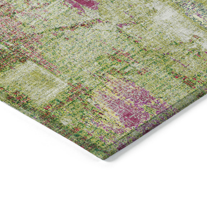 Tapis extérieur lavable abstrait vert lime ivoire et rose 10 pi x 14 pi