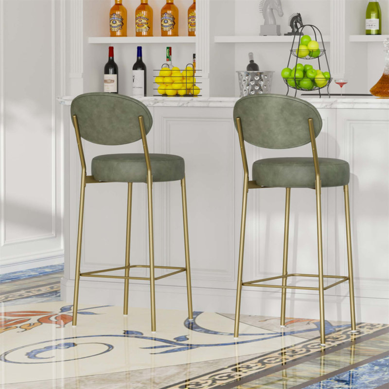 29'' H Seat Height Faux Leather Bar Stools Set Of 2 With Golden Legs, Modern Round Kitchen Chairs For Elegant Dining And Comfortable Seating