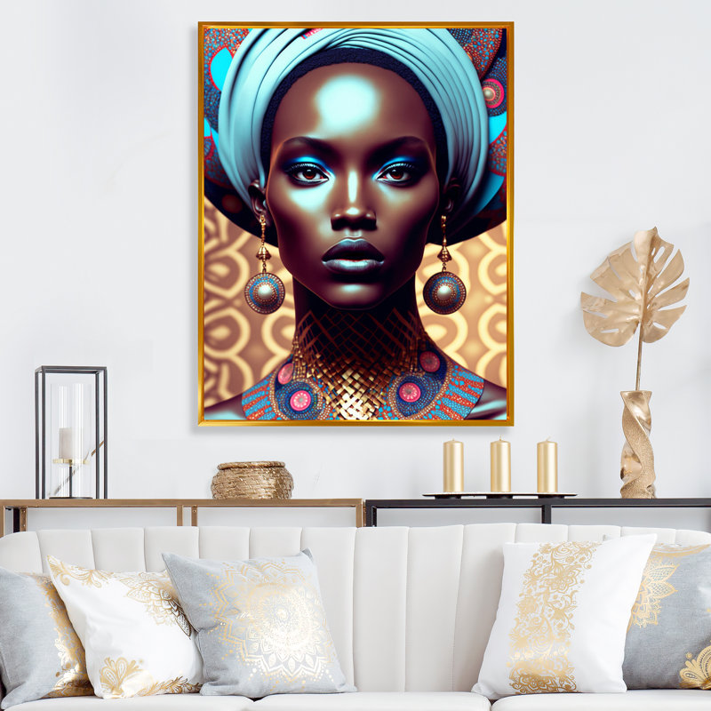Portrait d'une femme africaine glamour I - reproduction sur toile, H 32 po x l 16 po x P 1 po, Cadre flottant doré