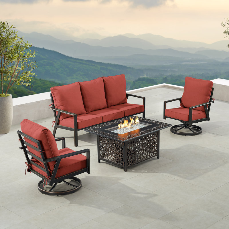 Ensemble de table de foyer en aluminium noir avec canapé et deux fauteuils club, Rouge